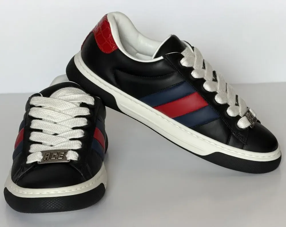 Gucci Ace Web Stripe Leather Sneakers Black Men’s 9.5 US (9 Gucci) 791394 NWT